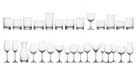 Glassware panorama in crisp black background