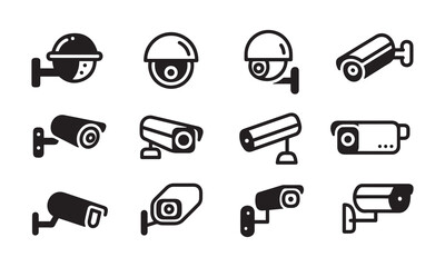 Security Camera Vector Icon Set – Dome, Bullet, and Wall-Mounted Styles in Black Outline