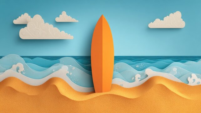 Orange Surfboard on Sandy Beach Under Blue Sky with Clouds