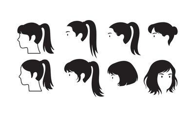 Obraz premium Collection of Women’s Silhouette Hairstyles – Ponytails, Bobs, and Loose Hair Vector Set