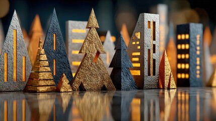 Origami paper geometric floating cityscape: Metallic gold-silver folded skyscrapers as abstract Christmas trees with pop art color blocks, paper craft diorama ideal for festive cards 