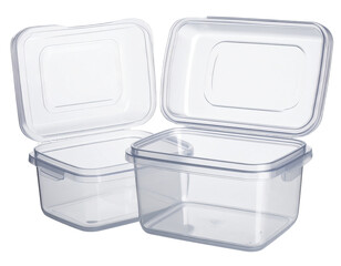 Transparent plastic clamshell food container with empty label space, isolated on a transparent background