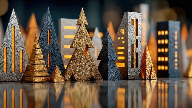Origami paper geometric floating cityscape: Metallic gold-silver folded skyscrapers as abstract Christmas trees with pop art color blocks, paper craft diorama ideal for festive cards  - Powered by Adobe