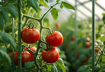 red tomatoes in a greenhouse, vibrant tomatoes flourish on the vine in a modern greenhouse, promising a bountiful harvest.