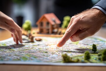 Fototapeta premium Businesspeople Analyzing Urban Development Model with Miniature Houses on City Map Du Planning Meeting