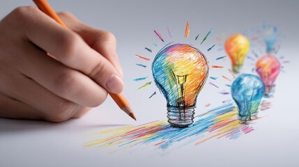 Vibrant photo of creative designer drawing a brainstorm sketch featuring colorful light bulb, startup concept, new ideas, innovation, vibrant design, energy and creativity.