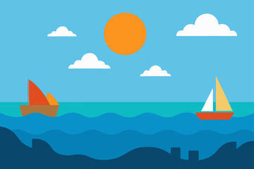 shallow reef and boats under sunny sky