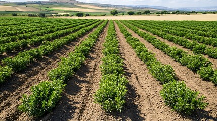 Rows of green plants growing in a vast cultivated field