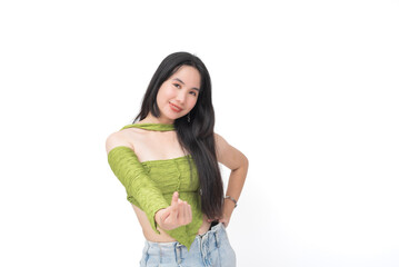 Confident young Asian woman inviting you closer