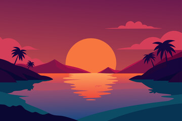 sunset glow over tranquil island lagoon