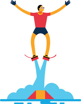 "A person flyboarding high above water with jets of water pushing from the boots, arms raised in excitement, wearing swimwear, vector cartoon style."
