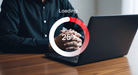 Loading progress bar on laptop screen showing percentage complete internet speed technology update