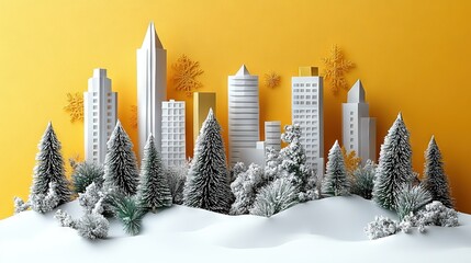  Abstract Christmas tree skyscrapers with metallic gold-silver folds, floating geometric color blocks in paper craft model, perfect for social media or holiday decorations.