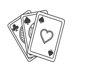 Minimalist black and white playing cards featuring heart, spade and club symbols on overlapping layout