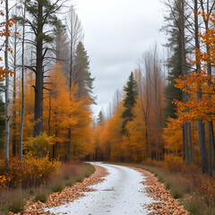 Fototapeta premium Autumn Forest Path with Minimal Shelf, Cloudy Ambient and Linen White (Festive Serene)