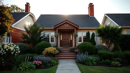 Charming suburban home with a well-kept front garden, basking in the warm glow of afternoon sunlight.