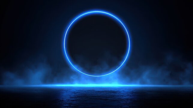 Vibrant photo of fantastic modern futuristic neon blue circle, portal in smoke. Stage for product light platform. Circle vector HUD, GUI, UI interface screen design. Magic.