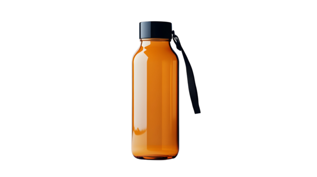 Sleek orange water bottle with black cap and strap on white background
