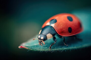 Fototapeta premium Close-up of a vibrant red ladybug with black spots crawling on green leaf surface in natural daylight with detailed textures