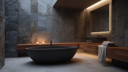 Rustic luxury bathroom with rough-cut slate stone tile, dimmed warm lighting from above mirror casting cinematic shadows, finish on