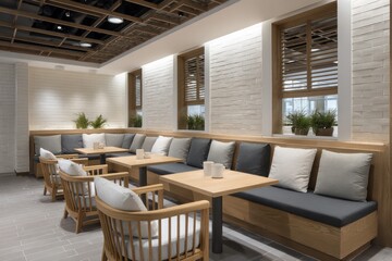 Scandinavian-inspired break zone with ash wood textures ivory-tiled walls natural rim lighting louvered windows ambient reflections off matte porcelain