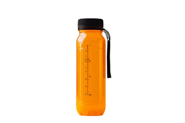 Orange stainless steel water bottle with black cap and measurement markings