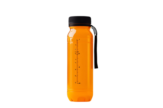 Orange stainless steel water bottle with black cap and measurement markings
