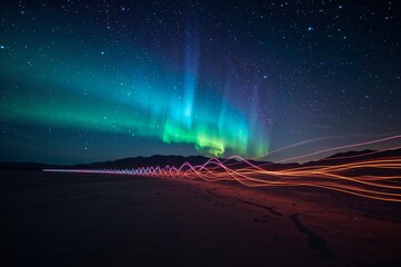 Magical Night Sky with Colorful Aurora and Light Trails