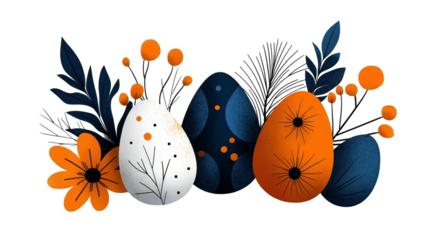 Decorative Easter eggs with elegant floral arrangements in blue and orange colors on transparent background