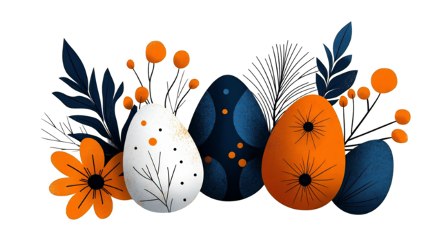 Decorative Easter eggs with elegant floral arrangements in blue and orange colors on transparent background