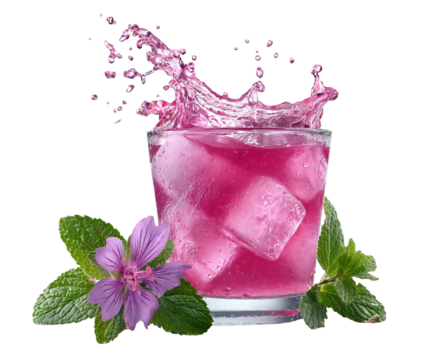 Refreshing pink drink with ice, flower, and splashy moment captured exquisitely on transparent background.