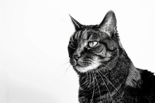 Calm tabby cat looking left, black and white portrait
