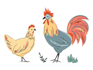 Colorful hen and rooster isolated on white. Hand drawn poultry. Vector chicken and cock illustration. Bright, organic design for local farm, urban homesteading, fresh food, and countryside life