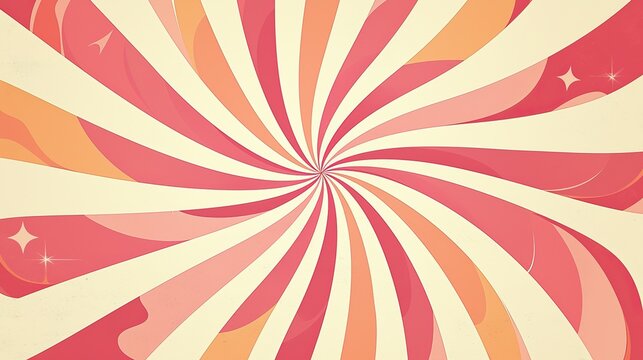 The vintage-style background features swirls of pink and orange, with a large red to white spiral in the center, resembling the sun's rays or waves moving outward.