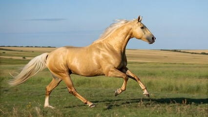 Obraz premium Palomino Quarter Horse Galloping Across Open Field