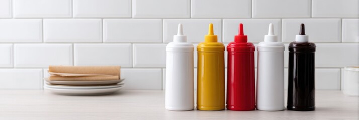 Assorted set of colorful condiment bottles including ketchup mustard and sauce on a white kitchen countertop with a tiled backsplash