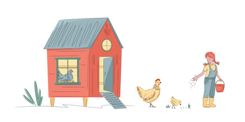 Colorful chicken coop with a girl feeding hen isolated on white. Hand drawn vector illustration. Bright, organic design for local farm, urban homesteading, fresh food, and countryside life