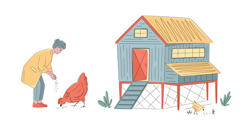 Colorful chicken coop with senior woman feeding hen isolated on white. Hand drawn vector illustration. Bright, organic design for local farm, urban homesteading, fresh food, and countryside life
