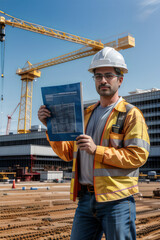 Construction engineer holding blueprint at building site with crane in background