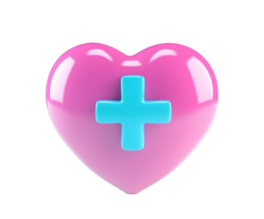 Charming pink heart with a blue plus symbol, conveying health and affection, on transparent background