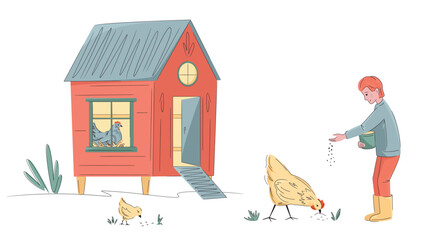 Colorful chicken coop with teen boy feeding hen isolated on white. Hand drawn vector illustration. Bright, organic design for local farm, urban homesteading, fresh food, and countryside life