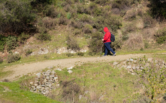 Hiker walking on dirt path in mountain landscape hiking using trekking poles