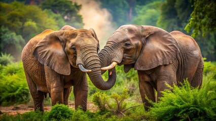 Fototapeta premium Two elephants affectionately touch trunks in a lush forest