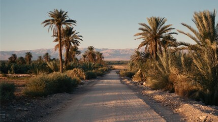 Desert Road with Palm Trees and Mountains at Sunset
