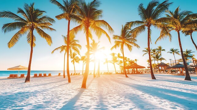 Beautiful tropical beach scene with palm trees and sunlight