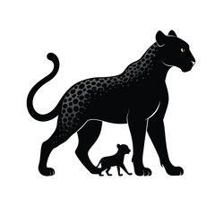 Fototapeta premium Powerful Black Panther Mother and Cub Graphic Illustration - Iconic Wild Animal Family Vector Art on White for Nature Concepts.