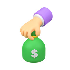 Hand and money bag with dollar isolated 3d render icon illustration
