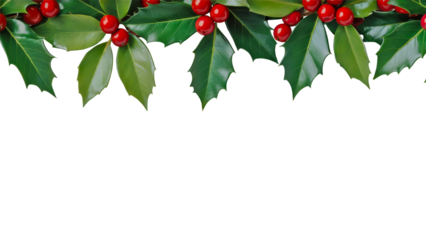 Top border of realistic holly leaves and red berries on transparent background for Christmas decoration, festive banner design, or winter holiday template