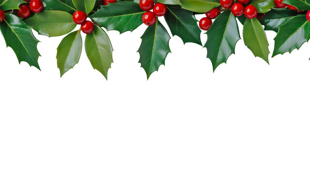 Top border of realistic holly leaves and red berries on transparent background for Christmas decoration, festive banner design, or winter holiday template - Powered by Adobe