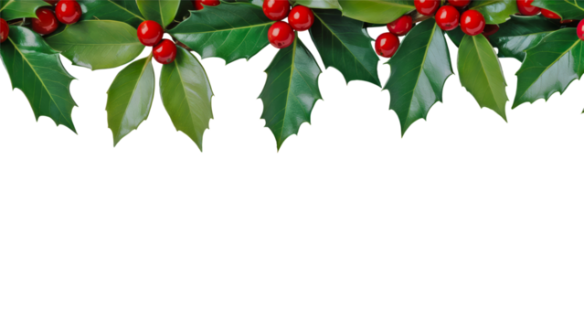 Top border of realistic holly leaves and red berries on transparent background for Christmas decoration, festive banner design, or winter holiday template